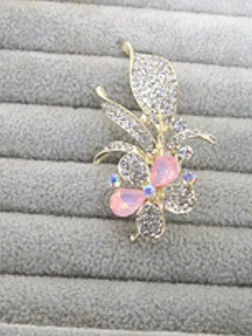 Gold Tone Pink Rhinestone Floral Leaf Statement Brooch Pin